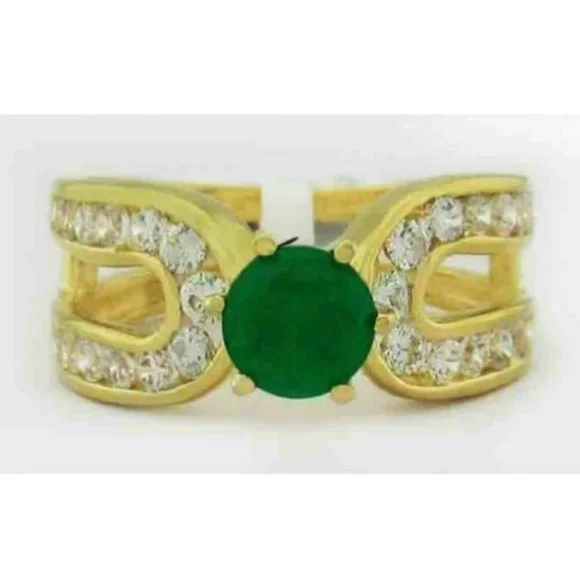 Genuine 0.75 Cts Emerald & White Sapphire Ring 14k Yellow Gold